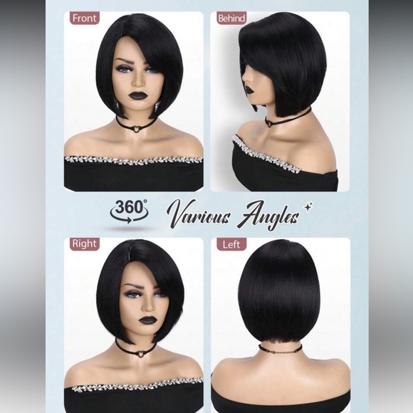 Black Short Cut Bob Wig Synthetic Hair 12” Straight Bob Wigs Short Pixie Cut l - Picture 2 of 4